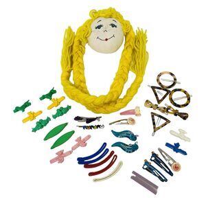 Vintage Handmade Fabric Barrett Holder & Barrettes Plastic Hair Accessories set